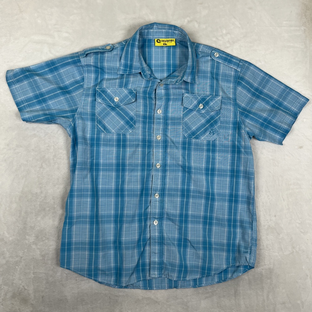 VTG Akademiks Shirt Mens 2XL Blue Plaid Short Sleeve Button Front Y2K Hip Hop